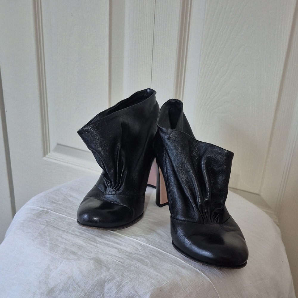 Prada Black Leather Draped Ankle Booties